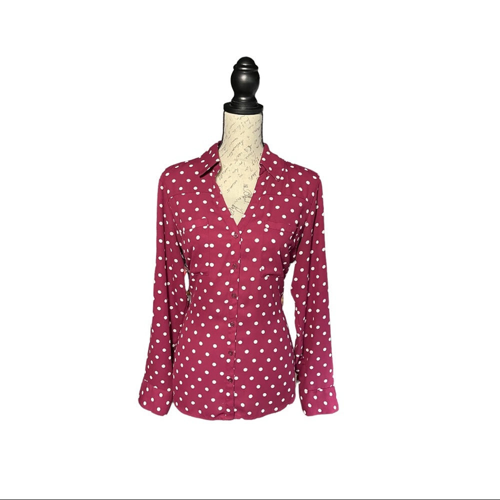 Express Burgundy Polka Dot Button-Up Blouse